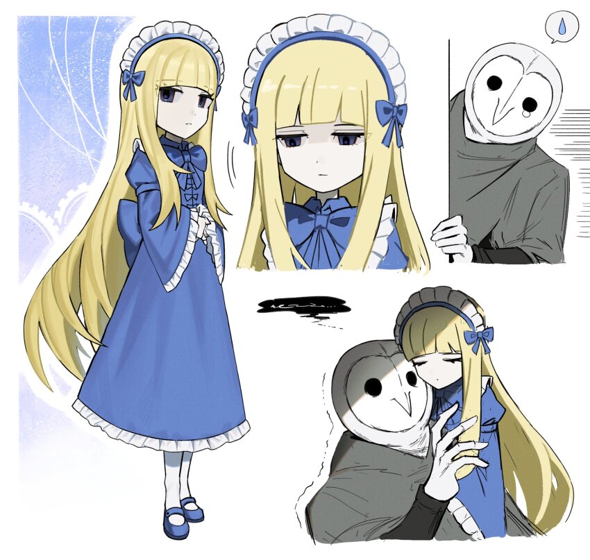 1boy 1girl alice_(black_souls) animal_head asdf1211950 back_bow black_souls black_souls_2 blonde_hair blue_bow blue_bowtie blue_dress bow bowtie doll_alice_(black_souls) dress frilled_dress frilled_sleeves frills hair_bow highres juliet_sleeves long_hair long_sleeves looking_to_the_side lorde_(black_souls) maid_headdress multiple_views owl_boy parted_lips puffy_sleeves sidelocks simple_background speech_bubble spoken_sweatdrop sweatdrop very_long_hair white_background wide_sleeves