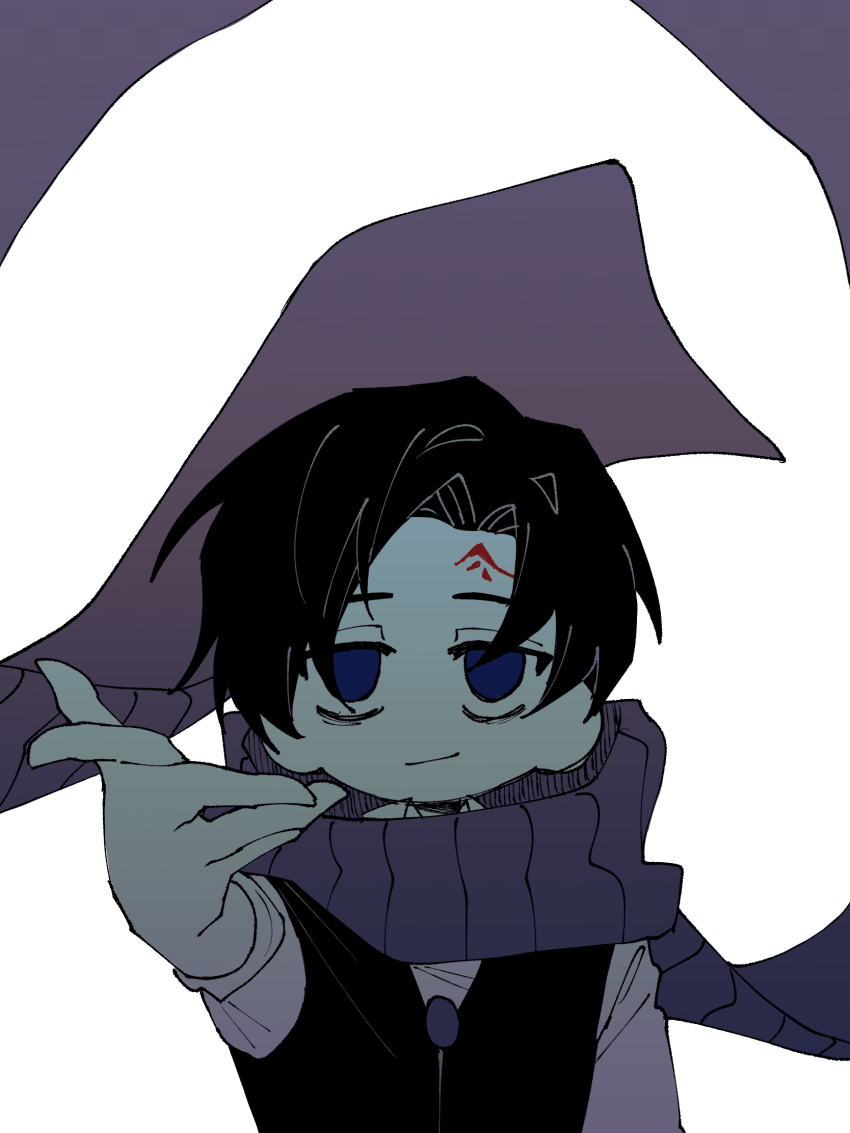 1boy arm_up black_hair black_vest blue_eyes blue_scarf closed_mouth demian_(project_moon) facial_mark forehead_mark highres kitaku_(ienikaeru) limbus_company long_sleeves looking_at_viewer parted_bangs project_moon scarf shirt simple_background smile solo vest white_background white_shirt
