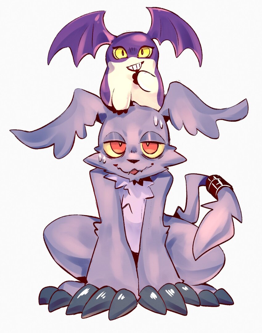 body_fur colored_sclera digimon digimon_(creature) full_body gazimon grey_fur head_wings highres nui_(nuitt) purple_fur red_eyes simple_background sitting sitting_on_head sitting_on_person smug teeth tsukaimon white_background wings yellow_eyes yellow_sclera