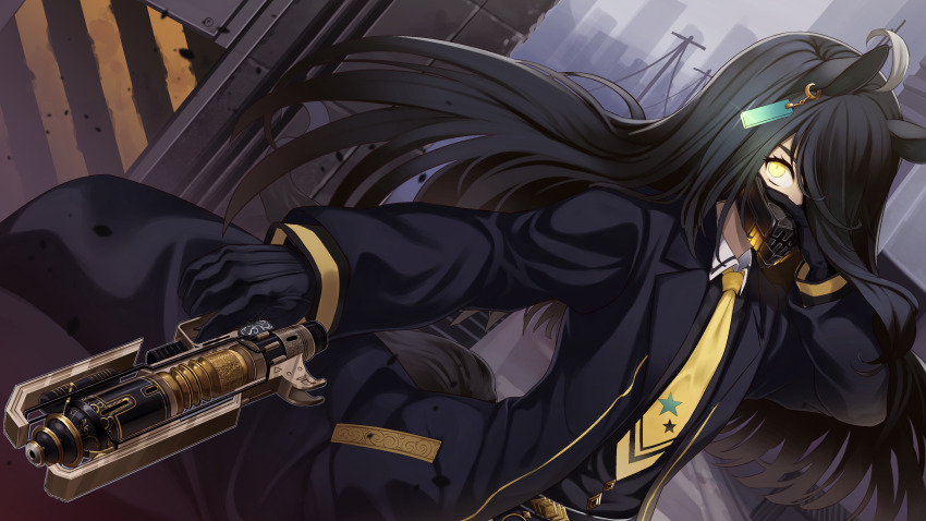 1girl absurdres animal_ears apex_legends b3_wingman black_coat black_gloves black_hair black_shirt coat collared_shirt debris dutch_angle earrings floating_hair glint gloves gun hair_ornament hair_over_one_eye hand_on_own_face handgun highres holding holding_gun holding_weapon horse_ears horse_girl horse_tail jewelry long_hair long_sleeves manhattan_cafe_(umamusume) mask mouth_mask multicolored_hair necktie outdoors outstretched_arm shiro3necro shirt single_earring solo streaked_hair tail umamusume upper_body utility_pole weapon yellow_eyes yellow_necktie