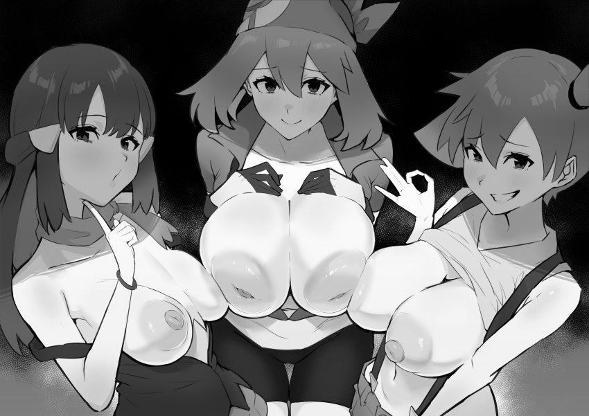 3girls absurdres alternate_breast_size asymmetrical_docking bandana bike_shorts breast_press breasts clothes_lift covered_erect_nipples dawn_(pokemon) gloves green_hair handjob_gesture highres inverted_nipples kunoichimaru large_areolae large_breasts long_hair may_(pokemon) misty_(pokemon) monochrome multiple_girls nintendo nipples no_headwear ok_sign open_clothes open_shirt parted_lips partially_colored pokemon pokemon_(anime) pokemon_(classic_anime) pokemon_dppt_(anime) pokemon_rse_(anime) puffy_areolae puffy_nipples scarf sexually_suggestive shirt_lift shirt_rolled_up short_hair shorts smile suspenders take_your_pick