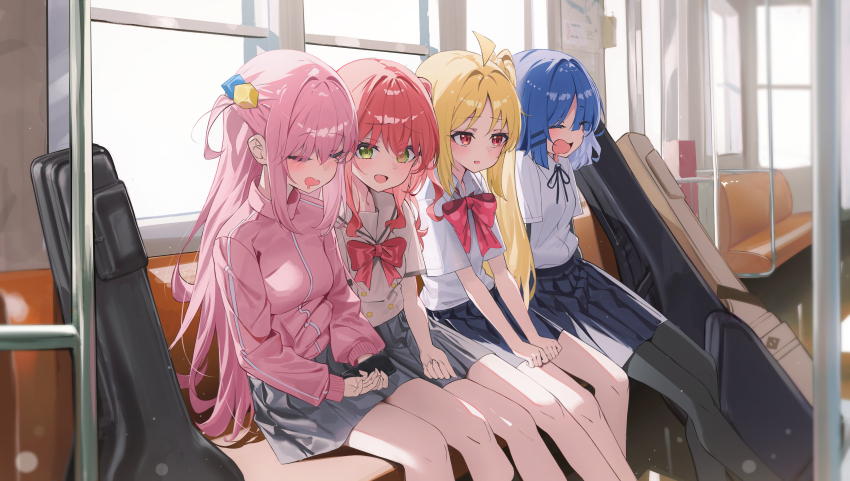 4girls absurdres black_pantyhose black_ribbon black_skirt blonde_hair blue_hair bocchi_the_rock! bow bowtie closed_eyes commentary_request cube_hair_ornament drooling gotoh_hitori green_eyes hair_between_eyes hair_ornament highres ijichi_nijika indoors jacket kerno kessoku_band kita_ikuyo long_hair long_sleeves looking_at_another mouth_drool multiple_girls one_side_up open_mouth pantyhose pink_hair pink_jacket red_bow red_bowtie red_eyes red_hair revision ribbon school_uniform shirt short_hair short_sleeves side_ponytail sitting skirt sleeping smile sweat train_interior white_shirt yamada_ryo