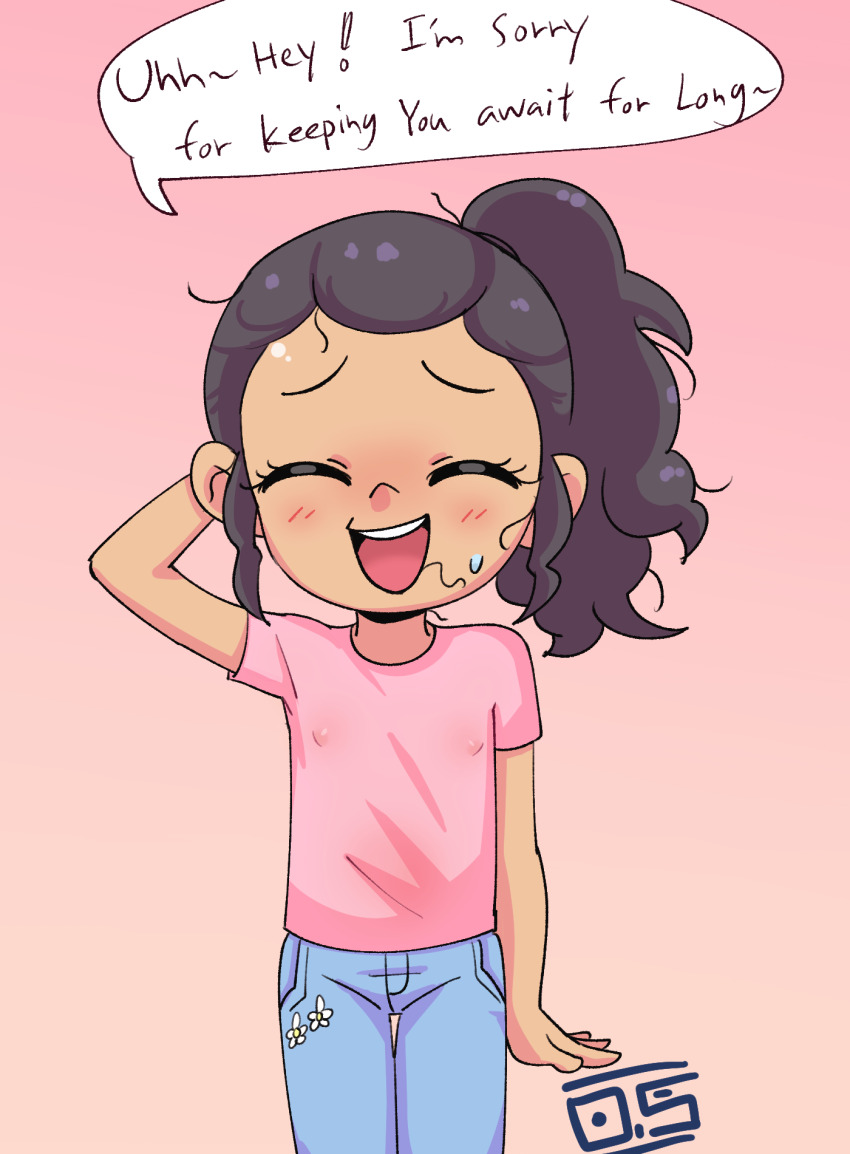 1girl arm_behind_head artist_logo black_hair blush child closed_eyes covered_erect_nipples denim english_text female_focus flower gradient_background jeans logo open_mouth oversleepergirl pants pink_background pink_shirt ponytail shirt smile solo speech_bubble standing teeth upper_teeth_only