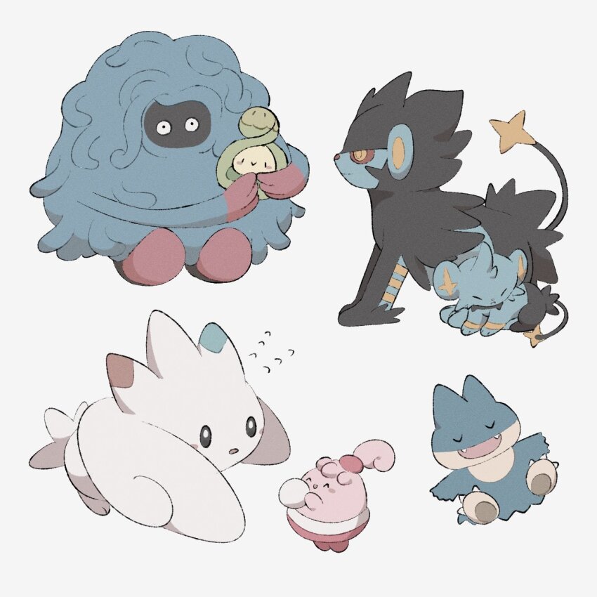 :&gt; :d :o ^_^ black_eyes blush blush_stickers bright_pupils budew claws closed_eyes egg fangs flying_sweatdrops frown game_freak gen_4_pokemon happiny happy highres holding holding_egg holding_pokemon looking_at_another luxray munchlax nintendo no_humans open_mouth pokemon pokemon_(creature) shinx simple_background sitting smile sumi_fms tangrowth togekiss u_u white_background white_pupils