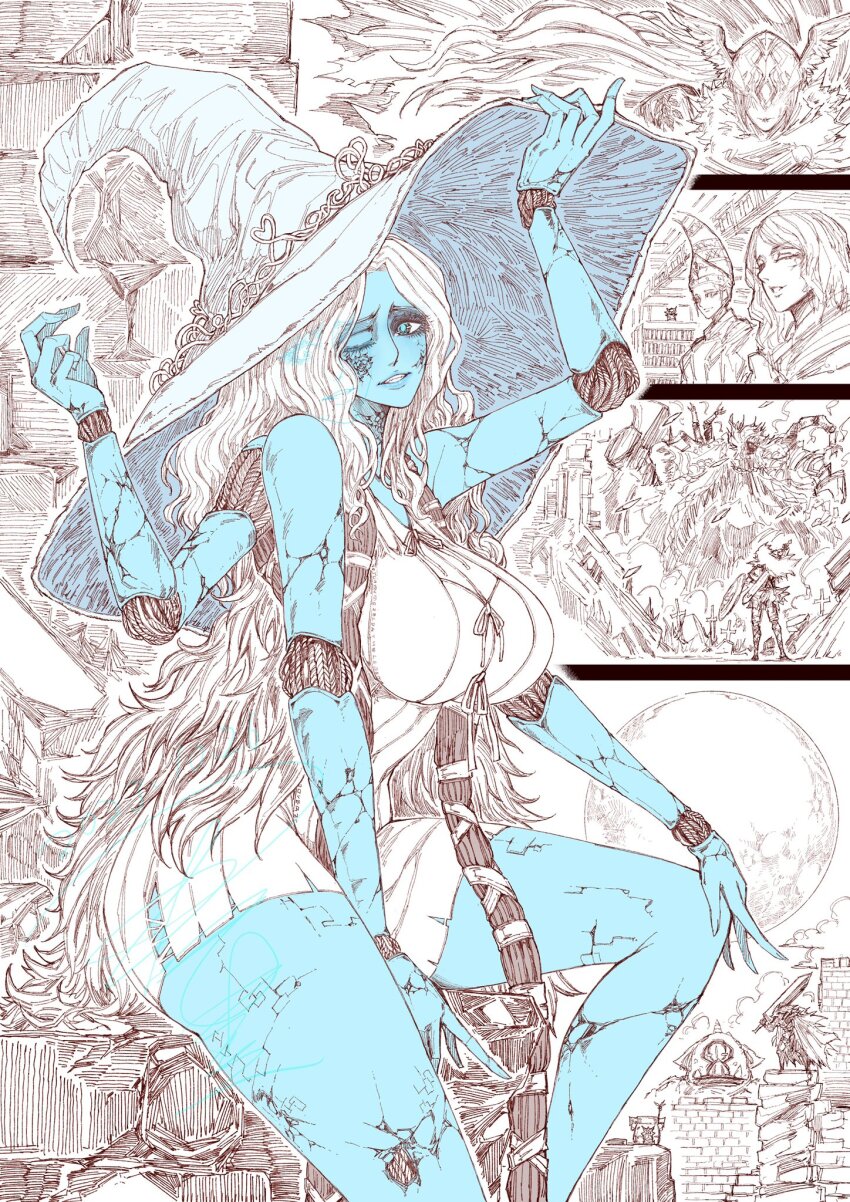 blaidd_the_half-wolf blue_skin breasts cloak colored_skin curtained_hair doll_joints elden_ring extra_arms extra_faces feet_out_of_frame glowing_tattoo godrick_the_grafted hand_on_headwear hand_on_own_hat hat highres huge_breasts joints jun_wu_mo large_hat long_hair malenia_blade_of_miquella melina_(elden_ring) monochrome one_eye_closed ranni_the_witch rennala_queen_of_the_full_moon sitting tarnished_(elden_ring) witch witch_hat