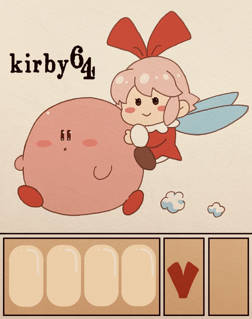 1boy 1girl batchgooya blue_eyes blush_stickers carrying chibi copyright_name dust_cloud fairy fairy_wings gameplay_mechanics hair_ribbon highres kirby kirby_(series) kirby_64 nintendo pink_hair ribbon ribbon_(kirby) riding running short_hair smile wings