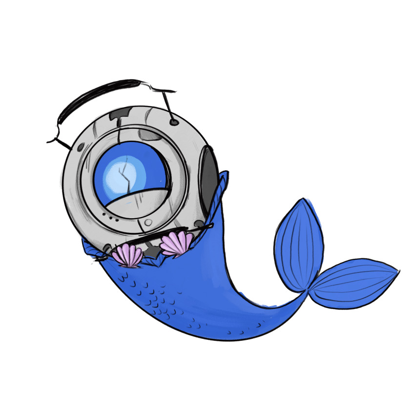 1other bee_rosmyth bikini commentary crack english_commentary full_body highres mermaid mermay_2024 monster_girl personality_core portal portal_(series) portal_2 shell shell_bikini simple_background solo wheatley white_background