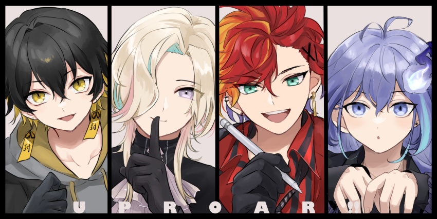 4boys :d :o antenna_hair aqua_eyes aqua_hair ascot black_border black_gloves black_hair black_jacket black_shirt blonde_hair bobby_pin border column_lineup crossed_bangs earrings finger_to_mouth gloves grey_background grey_hoodie group_name hair_between_eyes hair_over_one_eye hands_up highres hizaki_gamma holding holding_pen holostars hood hoodie jacket jewelry long_hair looking_at_viewer male_focus medium_hair minase_rio minase_rio_(1st_costume) mioto_(tsubsq_m) mismatched_earrings multicolored_hair multiple_boys necktie open_mouth orange_hair pen portrait purple_eyes purple_hair red_hair red_shirt shirt short_hair smile streaked_hair striped_clothes striped_shirt stud_earrings teeth upper_teeth_only uproar_(holostars) upturned_eyes utsugi_uyu vertical-striped_clothes vertical-striped_shirt virtual_youtuber white_hair yatogami_fuma yellow_eyes