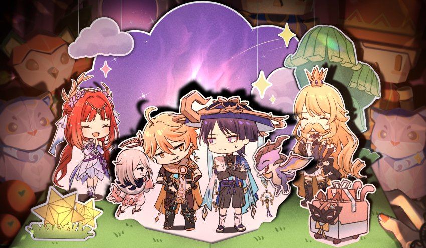 2boys 4girls :d absurdres aether_(genshin_impact) ahoge animal_ears armor black_dress black_eyes black_pants black_shirt black_shorts black_sleeves black_thighhighs blonde_hair blue_dress blue_eyes box cardboard_box cat_ears cat_tail chibi closed_eyes commentary cropped_shirt crown detached_sleeves double_bun dress drill_hair earrings english_commentary facial_hair floating flower full_body genshin_impact grass hair_between_eyes hair_bun hair_flower hair_ornament halo hands_on_own_hips hands_up hat head_tilt highres japanese_armor jewelry jingasa kirara_(cat)_(genshin_impact) kirara_(genshin_impact) komaniya_express_(genshin_impact) kuro_tsubasa light_frown long_hair looking_at_another mini_crown mini_durin_(genshin_impact) multiple_boys multiple_girls multiple_tails mustache navia_(genshin_impact) nilou_(breeze_of_sabaa)_(genshin_impact) nilou_(genshin_impact) official_alternate_costume open_mouth paimon_(genshin_impact) pants parted_bangs purple_flower red_hair scaramouche_(genshin_impact) scarf ship&#039;s_wheel_ornament shirt shorts sleeveless sleeveless_dress smile standing star_(symbol) tail thighhighs two_tails very_long_hair wanderer_(genshin_impact) white_romper white_scarf yellow_eyes