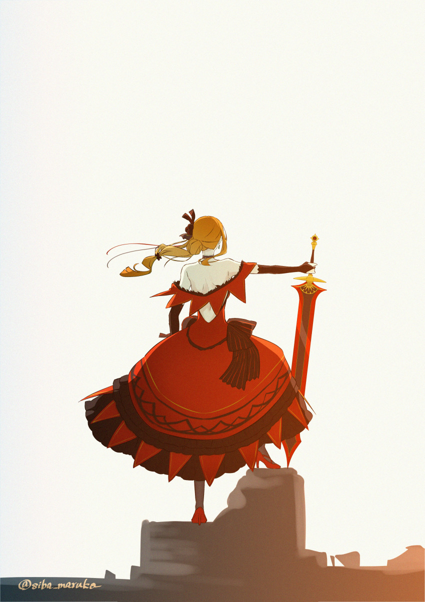 1girl absurdres black_dress dress floating_hair high_heels highres holding holding_sword holding_weapon orange_hair priscilla_barielle re:zero_kara_hajimeru_isekai_seikatsu red_dress siba_maruko sword two-tone_dress weapon