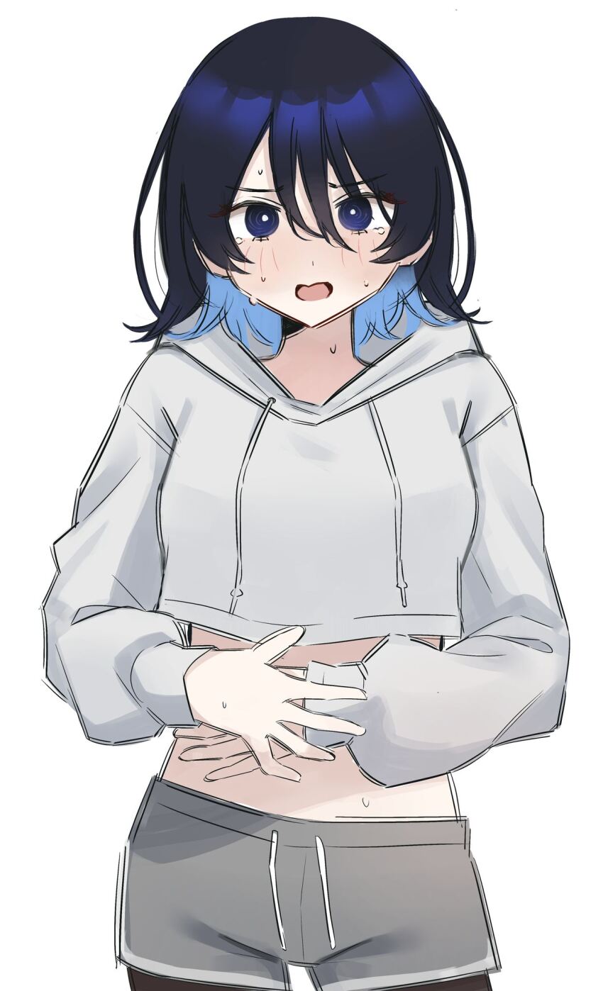 1girl black_pantyhose blue_eyes blue_hair blush covering_stomach cropped_hoodie crying crying_with_eyes_open grey_shorts hair_between_eyes highres hood hood_down hoodie indonesian_commentary long_sleeves looking_at_viewer open_mouth original pantyhose ringed_eyes sambel_kacang1 short_hair short_shorts shorts solo standing sweat tears upper_body white_background white_hoodie