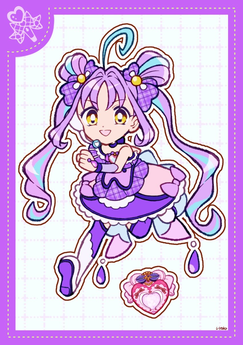1girl ahoge back_bow blue_bow blue_hair boots border bow bow_choker brooch choker clenched_hand cure_kyunkyun deformed dot_nose dotted_line double_bun dress dress_bow eyelashes frilled_dress frills full_body grid_background hair_bobbles hair_bow hair_bun hair_ornament happy headset heart heart_brooch highres jewelry kimi_to_idol_precure knee_boots leg_up long_hair looking_at_viewer magical_girl multicolored_hair open_mouth outline parted_bangs plaid_bow plaid_clothes plaid_dress precure purple_arm_warmers purple_border purple_bow purple_choker purple_dress purple_hair purple_thighhighs running shigure_kokoro short_dress signature smile solo strapless strapless_dress streaked_hair tareme thighhighs twintails two-tone_hair unmoving_pattern uwded_207 very_long_hair wavy_hair white_background white_boots white_outline yellow_eyes