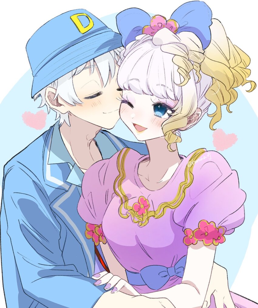 1girl animification bow daisy_duck disney donald_duck hair_bow harune_iruy hat highres humanization long_eyelashes looking_at_viewer mickey_mouse_&amp;_friends open_mouth personification puffy_sleeves shirt short_hair short_sleeves smile white_hair