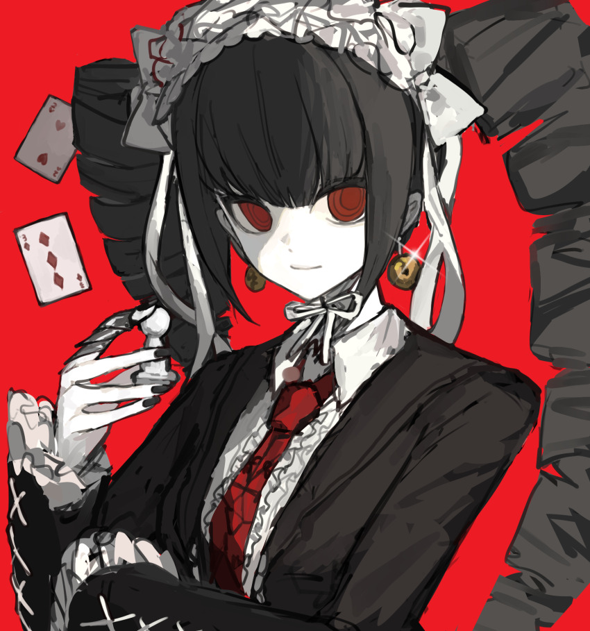 1girl bell bell_earrings black_hair black_jacket black_nails bow card celestia_ludenberg center_frills chess_piece chinese_commentary closed_mouth collared_shirt colored_skin commentary_request danganronpa:_trigger_happy_havoc danganronpa_(series) drill_hair earrings frilled_sleeves frills glint hairband highres holding holding_chess_piece jacket jewelry lapels lolita_hairband long_hair long_sleeves necktie open_clothes open_jacket pawn_(chess) playing_card red_background red_eyes red_necktie ribbon shirt simple_background solo twin_drills upper_body variant_set white_bow white_ribbon white_shirt white_skin xiaofan69759