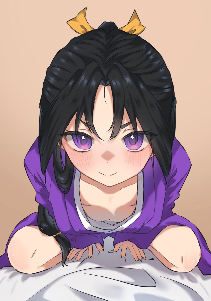 1boy bed_sheet black_hair blush closed_mouth collarbone downblouse extended_downblouse good_morning_my_brother_(meme) hair_tie highres houjou_tokiyuki_(nige_jouzu_no_wakagimi) japanese_clothes kimono leaning_forward long_hair long_sleeves looking_at_viewer low-tied_long_hair male_focus meme nige_jouzu_no_wakagimi on_bed parted_bangs ponytail pov purple_eyes purple_kimono rame_angel71 sash scene_reference sidelocks_tied_back sitting sitting_on_person smile smug split_mouth v-shaped_eyebrows waking_another