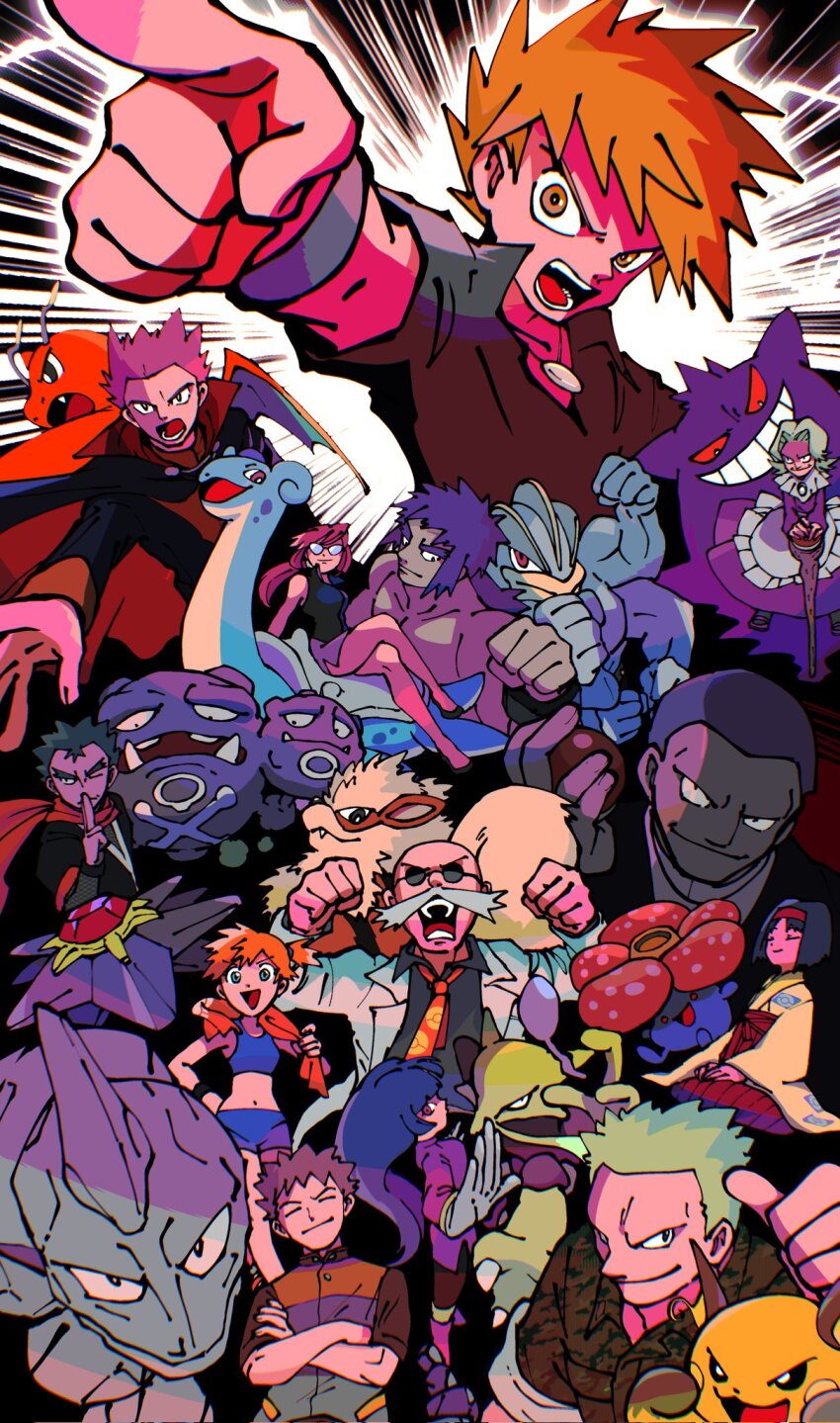 agatha_(pokemon) alakazam arcanine asymmetrical_hair black_hair blaine_(pokemon) blue_oak brock_(pokemon) brown_hair bruno_(pokemon) denim denim_shorts dragonite erika_(pokemon) gen_1_pokemon gengar giovanni_(pokemon) gym_leader hair_tie highres koga_(pokemon) lance_(pokemon) lapras long_hair lorelei_(pokemon) machamp misty_(pokemon) multiple_boys multiple_girls muscular nintendo onix poke_ball pokemon pokemon_frlg ponytail raichu rhydon sabrina_(pokemon) shirt short_hair shorts side_ponytail smile starmie surge_(pokemon) tofu_(tttto_f) vileplume weezing white_shirt