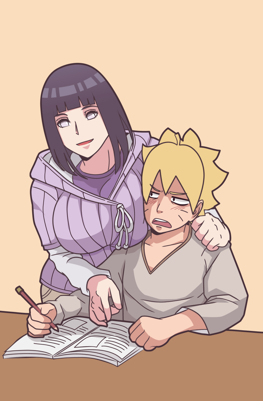 1boy 1girl annoyed black_eyes black_hair blonde_hair blue_eyes blue_hair bob_cut boruto:_naruto_next_generations breast_press breasts facial_mark grey_shirt highres hood hood_down hooded_jacket hoodie hyuuga_hinata indy_rique jacket lavender_hoodie lavender_jacket mature_female mother_and_son naruto_(series) open_mouth pencil purple_eyes purple_hoodie purple_shirt shirt short_hair source_request studying tagme uzumaki_boruto whisker_markings whiskers white_eyes