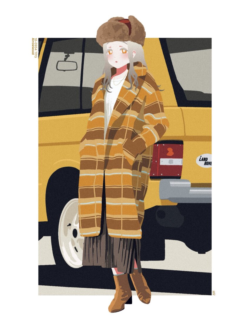 1girl blonde_hair boots border brown_hat brown_skirt car coat commentary fur-trimmed_headwear fur_hat fur_trim gakuen_idolmaster hands_in_pockets hat highres idolmaster jewelry kisshou_(georgie_san) land_rover long_hair long_sidelocks looking_at_viewer motor_vehicle necklace orange_coat orange_eyes outside_border pleated_skirt shadow shinosawa_hiro shirt sidelocks skirt solo standing standing_on_one_leg striped_coat ushanka white_border white_shirt yellow_car