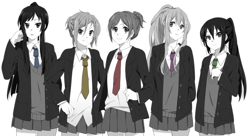 5girls akiyama_mio alternate_hairstyle bad_id bad_pixiv_id blazer greyscale hair_ornament hairclip high_ponytail hirasawa_ui hirasawa_yui ho-kago_tea_time jacket k-on! karuha kotobuki_tsumugi monochrome multiple_girls nakano_azusa necktie ponytail school_uniform skirt sweater tainaka_ritsu