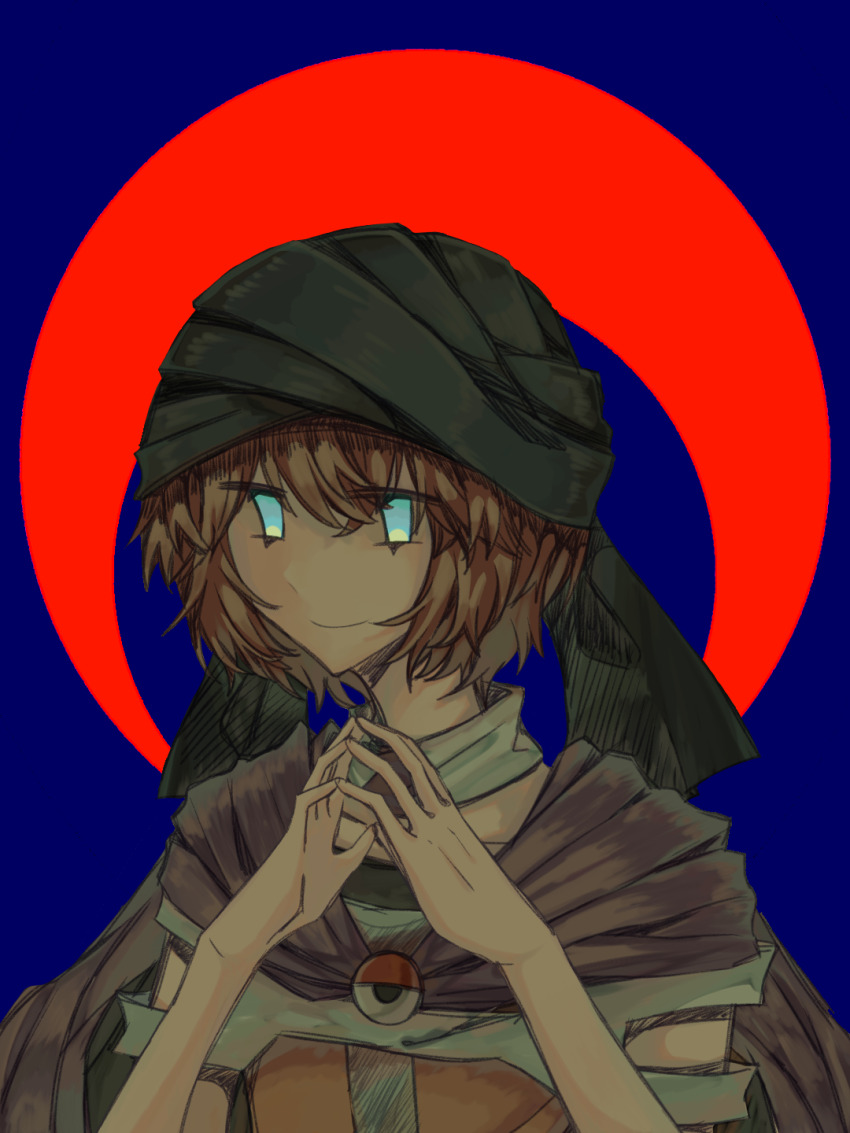 1other androgynous bandana black_bandana black_cape black_shirt blue_background blue_eyes brown_hair cape chinese_commentary cine_hamal closed_mouth collar commentary_request dark_foreground detached_collar eye_of_senri glowing glowing_eyes highres jacket kuzu_suzumi len&#039;en looking_at_viewer open_clothes open_jacket orange_jacket own_hands_together purple_scarf scarf shirt short_hair sleeveless sleeveless_jacket sleeveless_shirt smile sryou548 upper_body white_collar