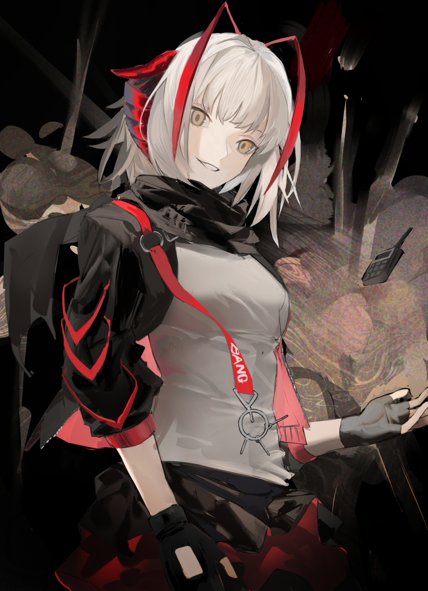 1girl :d absurdres antenna_hair arknights black_gloves black_jacket black_skirt breasts brown_eyes cowboy_shot explosion fingerless_gloves gloves grey_hair grey_shirt highres horns jacket key long_sleeves looking_at_viewer medium_breasts miniskirt multicolored_hair open_clothes open_jacket open_mouth parted_lips red_hair shirt short_hair skirt smile smoke solo tossing two-tone_hair w_(arknights) yaruyan