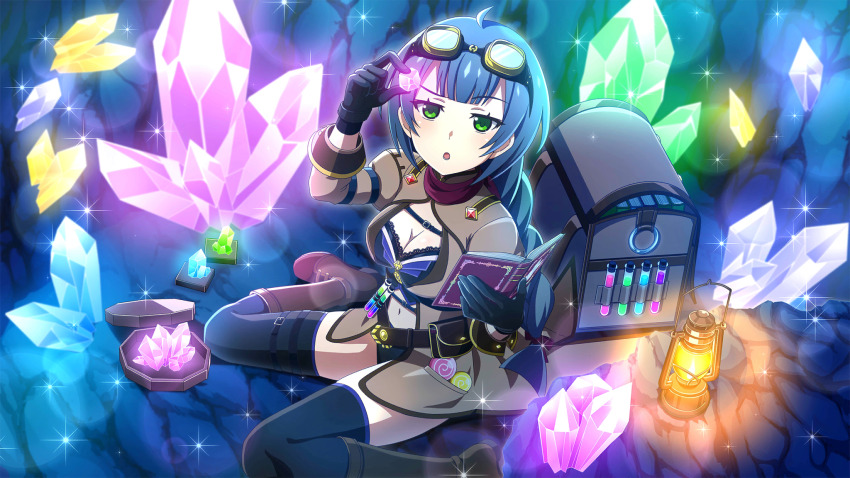 1girl :o ahoge backpack bag belt belt_buckle black_belt black_gloves black_shorts black_thighhighs blue_hair blurry book boots breasts brown_belt brown_boots brown_jacket buckle cave cleavage crystal depth_of_field foot_out_of_frame from_above game_cg gloves green_eyes highres higurashi_no_naku_koro_ni higurashi_no_naku_koro_ni_mei holding holding_book holding_crystal indoors jacket kurosawa_chisame lantern lens_flare long_hair long_sleeves looking_at_object non-web_source official_alternate_hairstyle official_art open_book open_clothes open_jacket shorts sitting solo sparkle test_tube test_tube_holster thigh_belt thigh_strap thighhighs thinking wariza