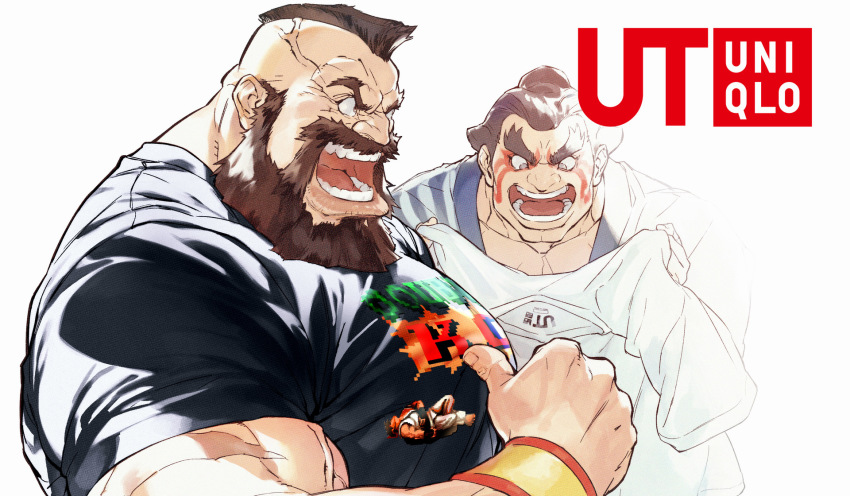 2boys artist_request beard beaten black_shirt brown_hair capcom chonmage e._honda facepaint facial_hair highres k.o. large_pectorals logo looking_down looking_to_the_side male_focus manly mohawk multiple_boys official_art open_mouth pectorals pointing pointing_at_self print_shirt ryu_(street_fighter) scar shirt street_fighter street_fighter_v sumo tagme teeth tongue tongue_out topknot uniqlo upper_body v-shaped_eyebrows veins white_background white_shirt wristband zangief