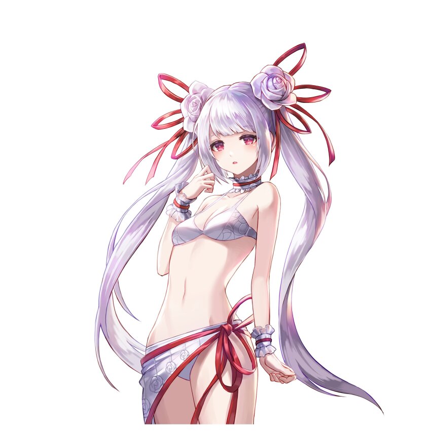 1girl absurdres arm_up artist_request bikini breasts choker commentary commentary_request cowboy_shot english_commentary floral_print flower frilled_choker frilled_wrist_cuffs frills hair_flower hair_ornament hair_ribbon highres king&#039;s_raid korean_commentary long_hair looking_at_viewer mixed-language_commentary official_alternate_costume official_art red_eyes red_ribbon ribbon sarong second-party_source side-tie_swimsuit small_breasts solo swimsuit twintails very_long_hair white_background white_bikini white_choker white_flower white_hair white_sarong white_wrist_cuffs wrist_cuffs
