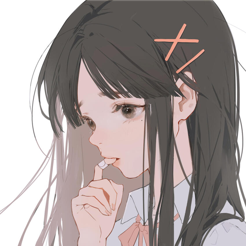 1girl bandaged_fingers bandages biting_own_finger blunt_bangs bow bowtie brown_eyes brown_hair collared_shirt commission expressionless eyelashes fingernails hair_ornament hair_over_shoulder hairclip highres lips long_hair mole mole_under_eye original parted_bangs parted_lips pink_lips pink_nails red_bow red_bowtie school_uniform shirt simple_background solo straight_hair thick_eyebrows upper_body very_long_hair white_background white_shirt x_hair_ornament youlizi-yuri