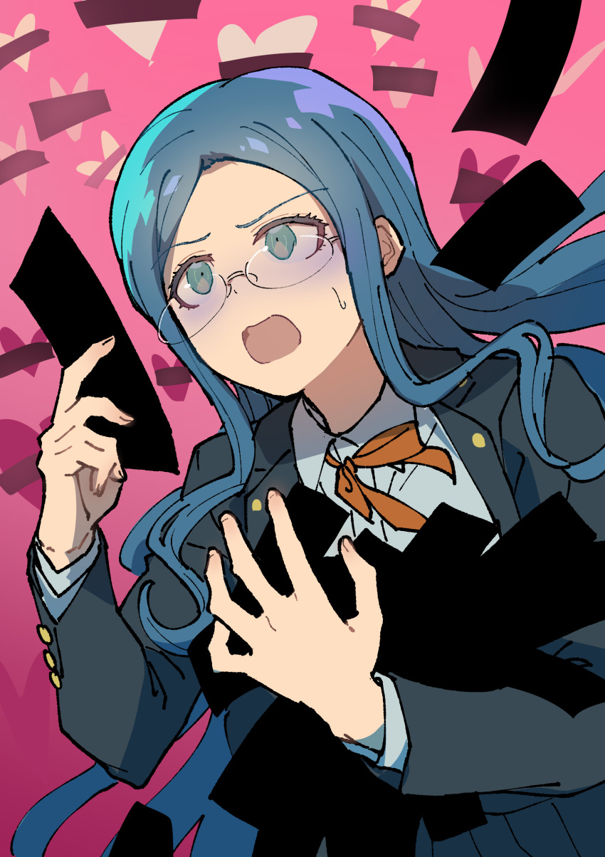 1girl :o absurdres black_skirt blush collared_shirt danganronpa_(series) danganronpa_v3:_killing_harmony dress_shirt glasses green_hair hands_up highres jacket long_hair long_sleeves miniskirt open_clothes open_jacket pink_background pleated_skirt rimless_eyewear shirogane_tsumugi shirt skirt solo sweatdrop upper_body youko-shima