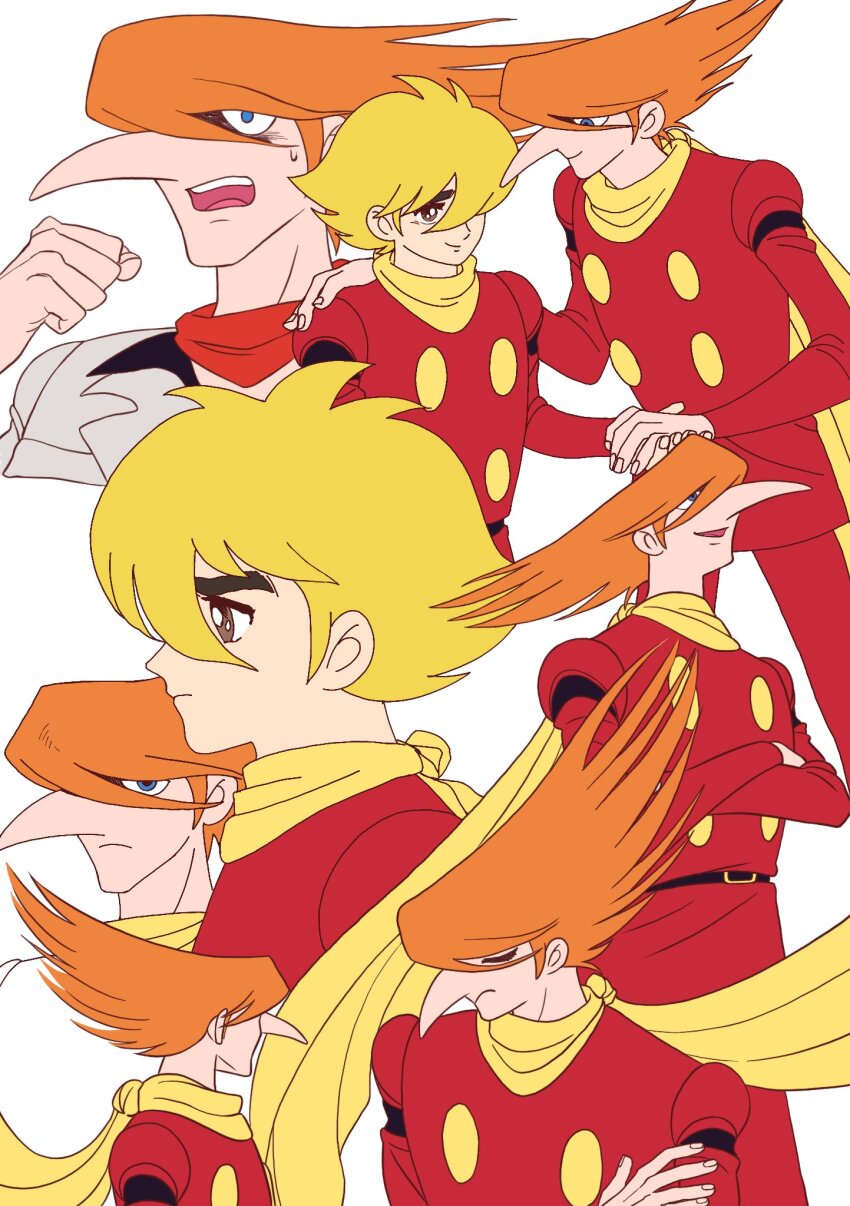 2boys big_nose blonde_hair blue_eyes brown_eyes brown_hair coat cyborg cyborg_009 dynamic_pose hair_over_one_eye highres jet_link long_hair multiple_boys orange_hair pants r_hy00 red_coat red_pants scarf shaded_face shimamura_joe white_coat yellow_scarf