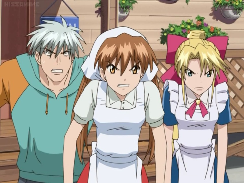 00s 1boy 2girls angry anime_screenshot apron blonde_hair bow brown_hair clenched_teeth cowboy_shot hair_bow hood hood_down hoodie kannazuki_megumi multiple_girls muteki_kanban_musume nishiyama_kankuro onimaru_miki red_bow sweatdrop teeth twintails white_apron yellow_eyes
