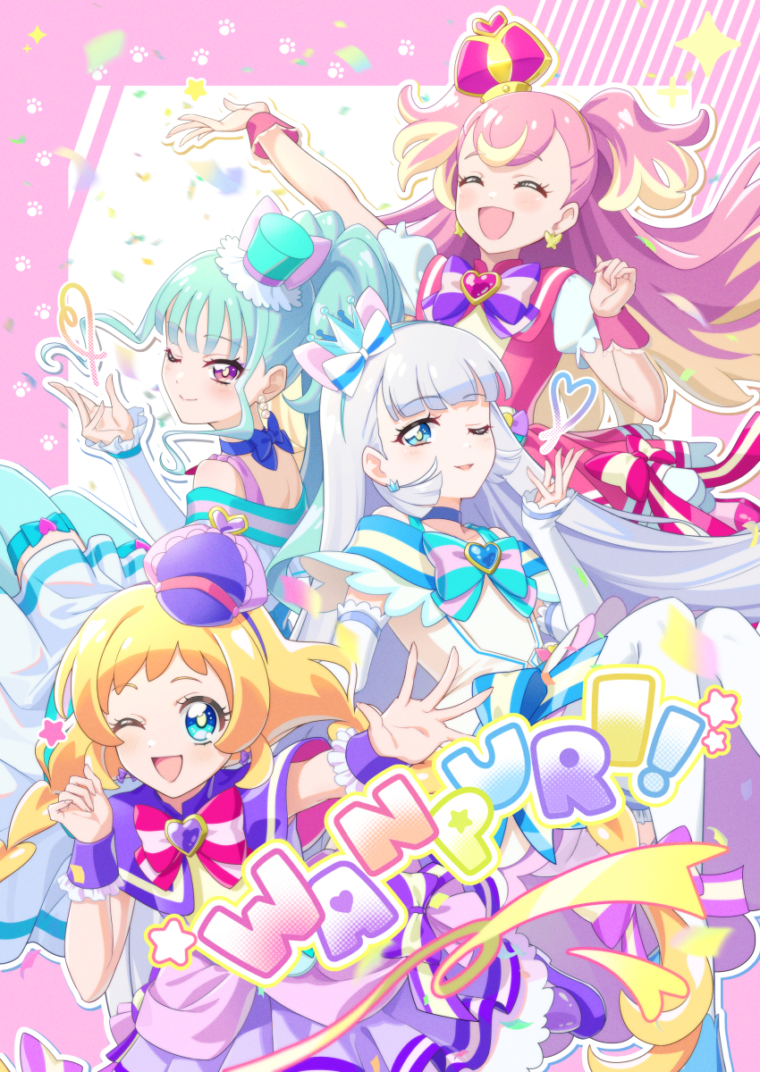 4girls absurdres arm_warmers blue_choker blue_eyes blue_hair bow bow_choker bow_earrings braid butterfly_earrings cabbie_hat capelet choker closed_eyes closed_mouth colored_eyelashes copyright_name crown crown_earrings cure_friendy cure_lillian cure_nyammy cure_wonderful dress earrings hat highres inukai_iroha inukai_komugi jewelry long_hair looking_at_viewer low_twin_braids magical_girl multicolored_hair multiple_girls nekoyashiki_mayu nekoyashiki_yuki one_eye_closed open_mouth parted_lips pearl_earrings pink_dress pink_hair pink_wrist_cuffs precure puffy_short_sleeves puffy_sleeves purple_capelet purple_dress purple_eyes purple_wrist_cuffs rice_rabbit22 short_bangs short_sleeves side_ponytail sleeveless sleeveless_dress smile straight_hair twin_braids two-tone_hair two_side_up wavy_hair white_dress white_hair wonderful_precure! wrist_cuffs yellow_pupils