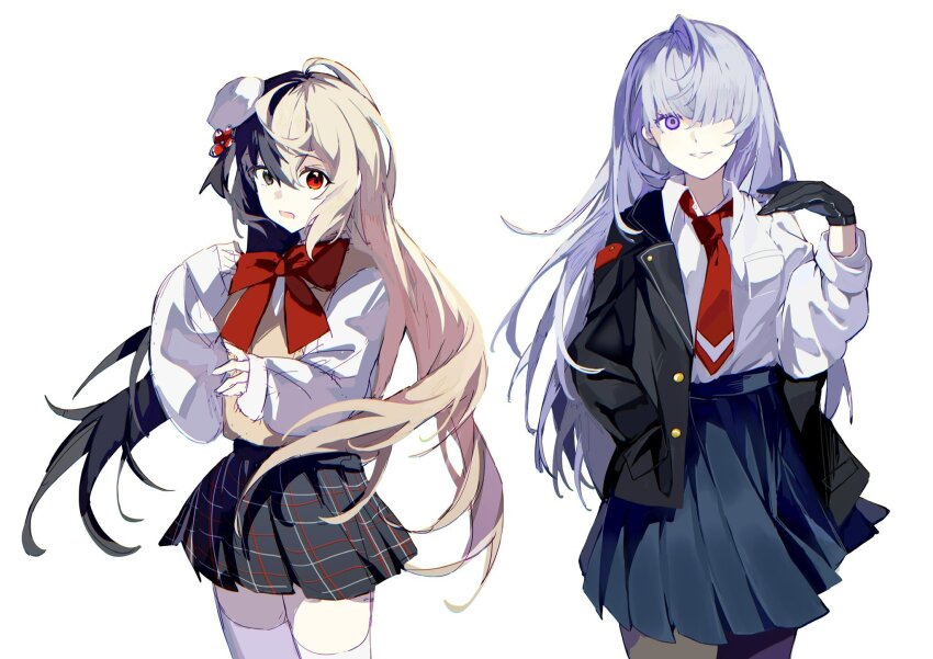 arcaea black_gloves black_hair blonde_hair bow bowtie gloves grey_hair hair_over_eyes heterochromia highres insight_(arcaea) looking_at_viewer maya_(arcaea) merc4ury0 multicolored_hair necktie one_eye_closed red_bow red_bowtie red_necktie school_uniform shirt skirt smile white_background