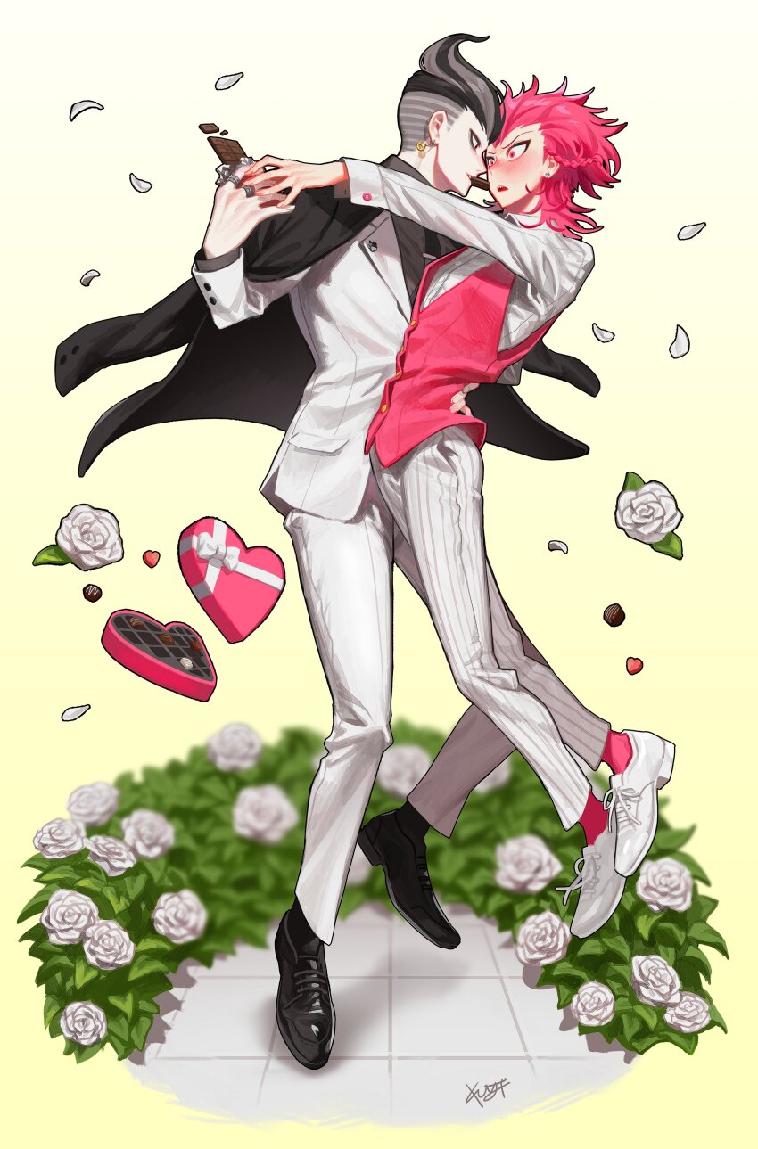 2boys absurdres black_footwear black_hair black_jacket black_necktie black_shirt box box_of_chocolates candy chocolate chocolate_bar commentary couple danganronpa_(series) danganronpa_2:_goodbye_despair ear_piercing earrings english_commentary eye_contact flower food formal_clothes gimmogi_kimumogi grey_hair heart-shaped_box highres holding holding_candy holding_chocolate holding_food jacket jacket_on_shoulders jewelry lapels layered_clothes layered_sleeves long_sleeves looking_at_another male_focus medium_hair multiple_boys multiple_rings necktie open_mouth pants piercing pink_eyes pink_hair pink_socks pink_vest plant ribbon ring rose shirt short_hair single_earring socks soda_kazuichi suit suit_jacket tanaka_gundham vest white_flower white_footwear white_jacket white_pants white_ribbon white_rose white_suit wing_collar yaoi