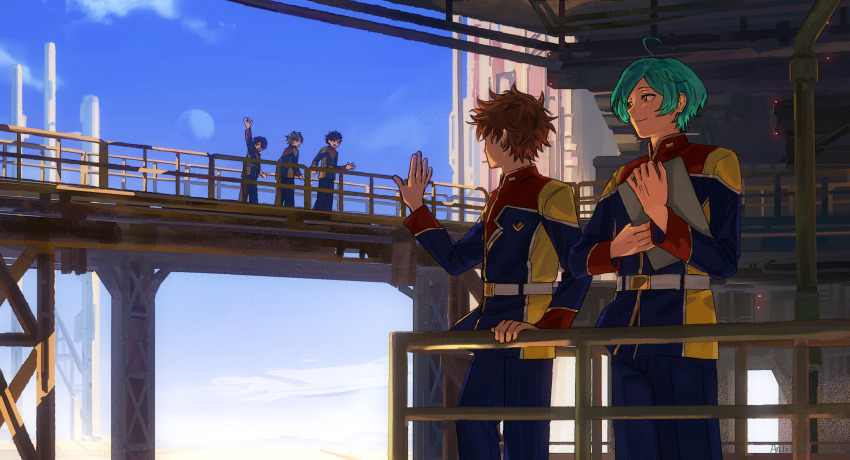 5boys absurdres ahoge aqua_hair arm_up blue_sky brown_hair clipboard ensemble_stars! facing_away green_eyes highres holding holding_clipboard industrial_pipe jiehai light_particles looking_at_another morisawa_chiaki multiple_boys nagumo_tetora nirrro parted_bangs sengoku_shinobu shinkai_kanata short_hair sky smile takamine_midori waving