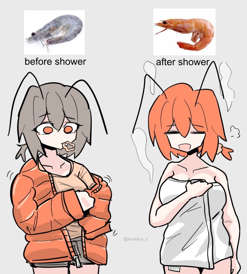 antenna_hair collarbone grey_background grey_hair highres jacket naked_towel orange_hair original shorts shrimp steam steaming_body towel tunaplus_c undressing
