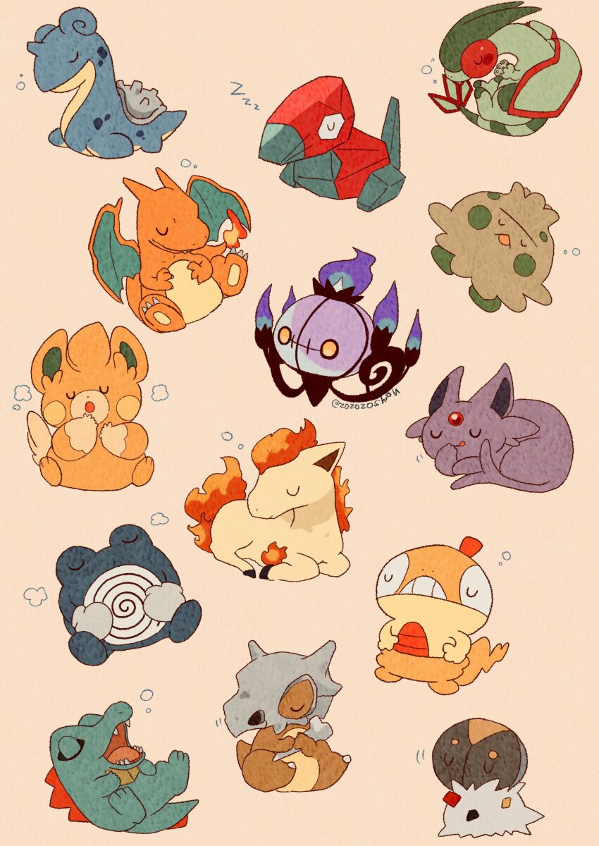 absurdres chandelure charizard closed_mouth commentary_request cubone espeon flygon full_body gen_1_pokemon gen_2_pokemon gen_3_pokemon gen_5_pokemon gen_6_pokemon highres lapras lying nintendo no_humans open_mouth pawmo pokemon pokemon_(creature) poliwhirl ponyta porygon scraggy shroomish simple_background sitting sleeping spewpa totodile wings zozozoshion