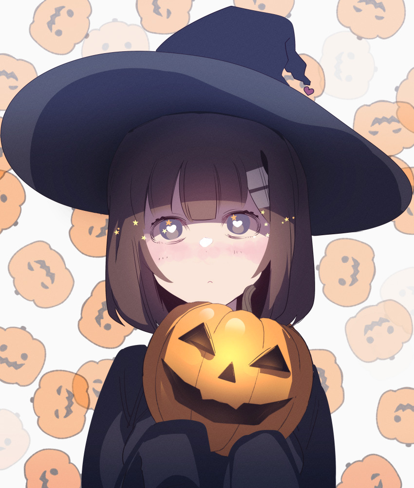 1girl absurdres black_cloak black_hat blue_eyes brown_hair cloak hair_ornament hairclip halloween hat highres hod_(project_moon) jack-o&#039;-lantern library_of_ruina looking_at_viewer madotsuki_ren medium_hair project_moon pumpkin solo witch_hat