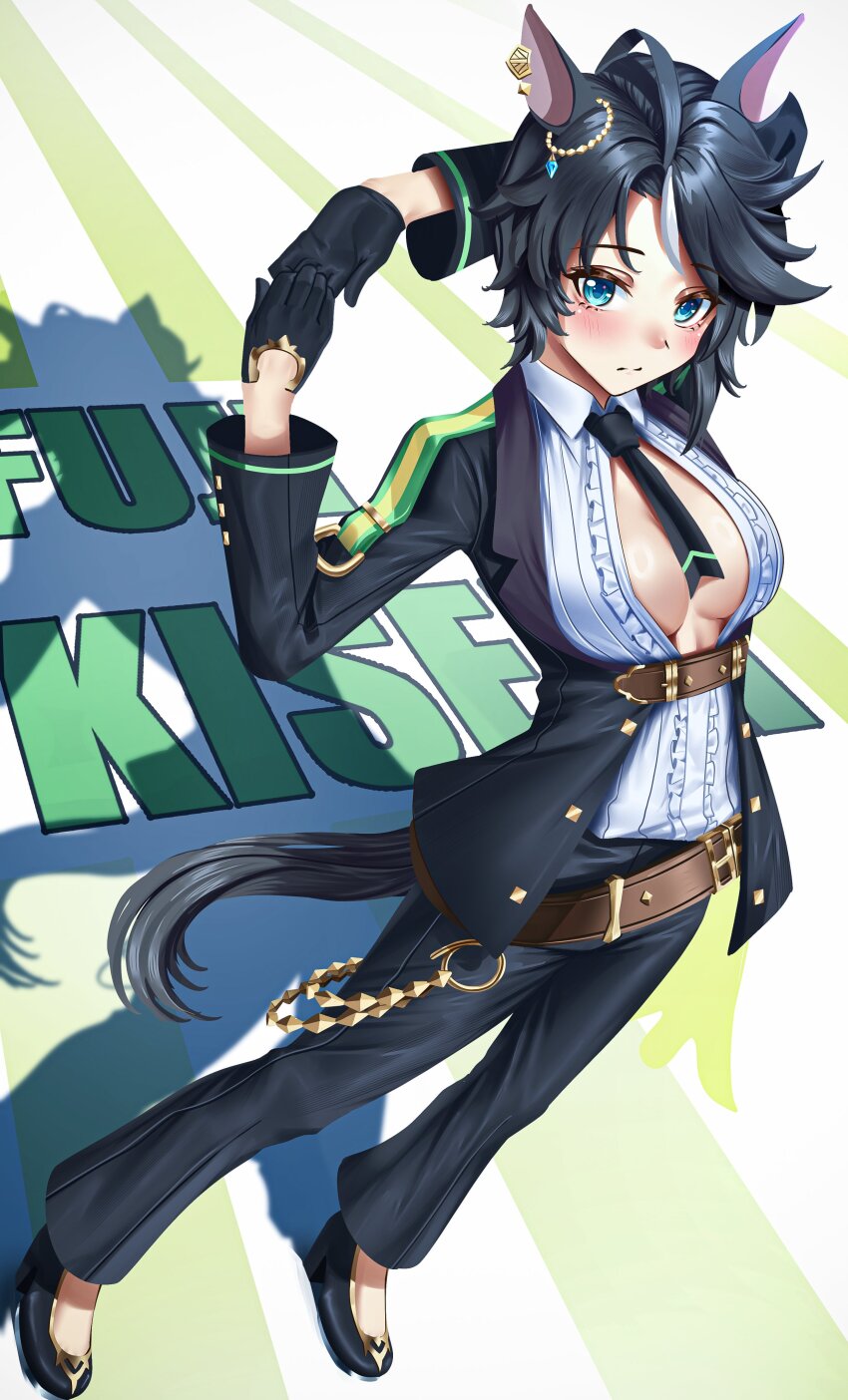 1girl absurdres ahoge animal_ears belt black_gloves black_hair black_jacket black_necktie blue_eyes blush breasts center_frills center_opening cleavage closed_mouth ear_ornament ear_piercing formal_clothes frilled_shirt frills fuji_kiseki_(umamusume) gloves hair_between_eyes highres horse_ears horse_girl horse_tail jacket long_sleeves looking_at_viewer manjo_(warito) medium_breasts multicolored_hair necktie open_clothes pants piercing shirt short_hair solo suit tail umamusume white_hair white_shirt