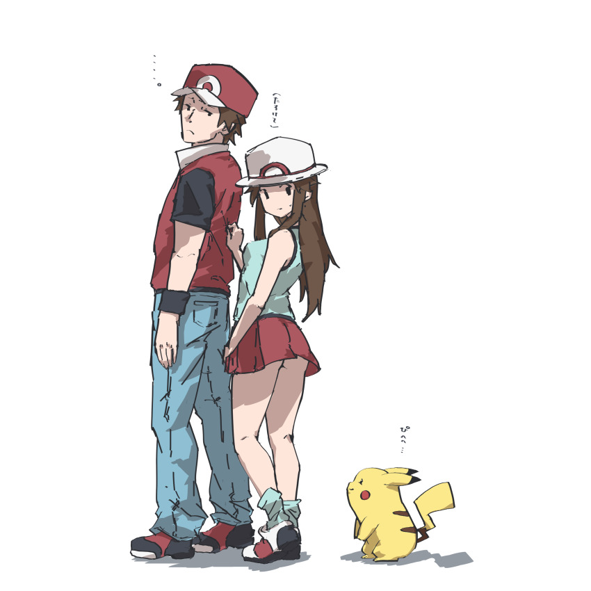 ... 1boy 1girl :| absurdres arm_at_side bare_shoulders baseball_cap behind_another black_eyes black_footwear black_shirt blue_legwear blue_shirt blush_stickers breasts brown_hair closed_mouth clothes_grab denim frown gen_1_pokemon green_(pokemon) hat height_difference high_collar highres jeans jitome legs_apart long_hair looking_at_another looking_back looking_down looking_up loose_socks nintendo no_panties pants pikachu pocket pokemon pokemon_(creature) pokemon_frlg porkpie_hat rauto red_(pokemon) red_(pokemon_frlg) red_footwear red_headwear red_skirt red_vest shadow shirt shirt_grab shoes short_sleeves simple_background skirt sleeveless sleeveless_shirt small_breasts smirk socks solid_eyes standing sweatdrop tail thighs translation_request vest white_background white_footwear white_headwear wristband