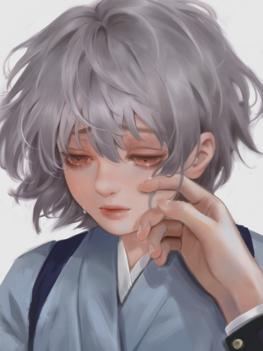 1boy 1girl backpack bag black_sleeves blue_hanfu buttons chinese_clothes chinese_commentary closed_mouth commentary_request crying crying_with_eyes_open eyelashes fingernails grey_background grey_hair hair_between_eyes half-closed_eyes hanfu highres layered_sleeves lips messy_hair original pink_eyes pink_lips pov sad short_hair simple_background streaming_tears tears thick_eyebrows upper_body wiping_tears youlizi-yuri