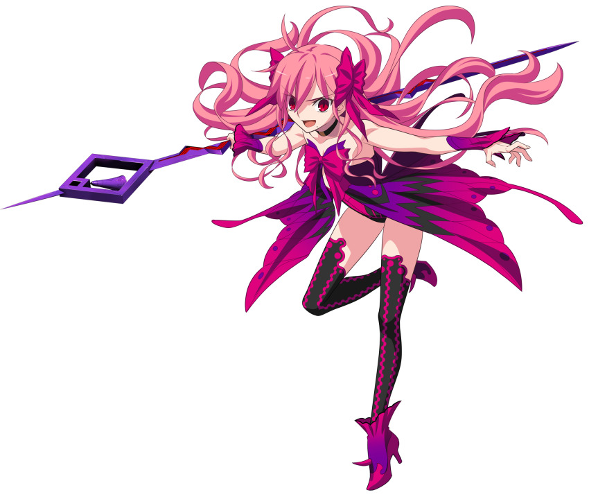 1girl 3d ahoge anime_coloring ankle_boots armpits black_choker black_leotard black_thighhighs boots bow choker clothing_cutout collarbone cutout_above_navel dead_apostle_noel_(tsukihime) detached_sleeves dress dress_bow flat_chest full_body game_cg gradient_boots gradient_sleeves hair_between_eyes hair_bow high_heel_boots high_heels highres leg_up legs_apart leotard leotard_under_clothes long_hair looking_at_viewer melty_blood melty_blood:_type_lumina mole mole_under_mouth multicolored_boots noel_(tsukihime) non-web_source official_art open_mouth pink_boots pink_bow pink_hair polearm purple_dress red_eyes simple_background smile solo spiked_boots tachi-e takeuchi_takashi thighhighs tongue transparent_background tsukihime tsukihime_(remake) two-tone_boots two_side_up type-moon vampire wavy_hair weapon