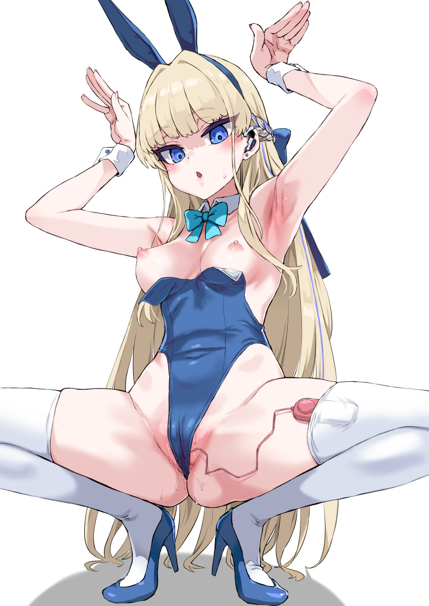 1girl absurdres animal_ears armpit_crease armpits arms_up asanagi ass bare_shoulders blonde_hair blue_archive blue_eyes blue_leotard blush bow bowtie braid breasts cameltoe commentary_request covered_navel detached_collar earpiece fake_animal_ears halo high_heels highleg highleg_leotard highres korean_commentary legs_apart leotard long_hair looking_at_viewer looking_down medium_breasts navel nipples official_alternate_costume open_mouth partially_visible_vulva playboy_bunny presenting_armpit pussy_juice rabbit_ears rabbit_pose remote_control_vibrator second-party_source sex_toy solo spread_legs squatting surprised thick_thighs thighhighs thighs tiptoes toki_(blue_archive) toki_(bunny)_(blue_archive) very_long_hair vibrator vibrator_in_thighhighs vibrator_under_clothes wardrobe_error white_thighhighs wrist_cuffs