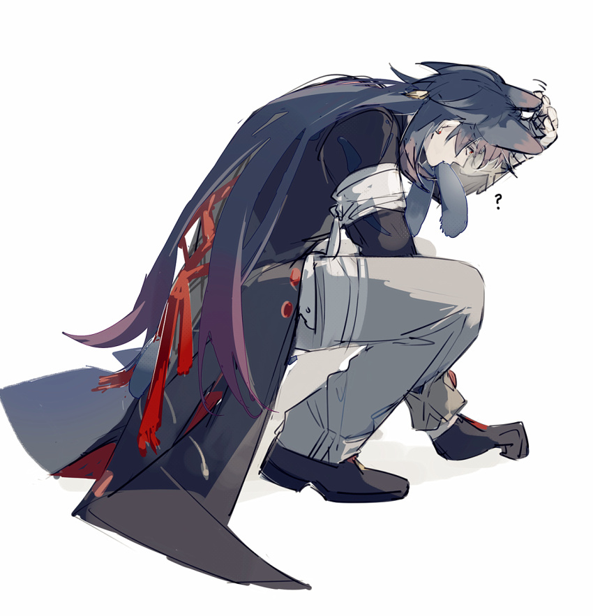 1boy ? animal_ears blade_(honkai:_star_rail) blue_hair cat_ears full_body gloves highres honkai:_star_rail honkai_(series) long_hair long_sleeves male_focus mississipping pants shoes squatting tail very_long_hair white_background