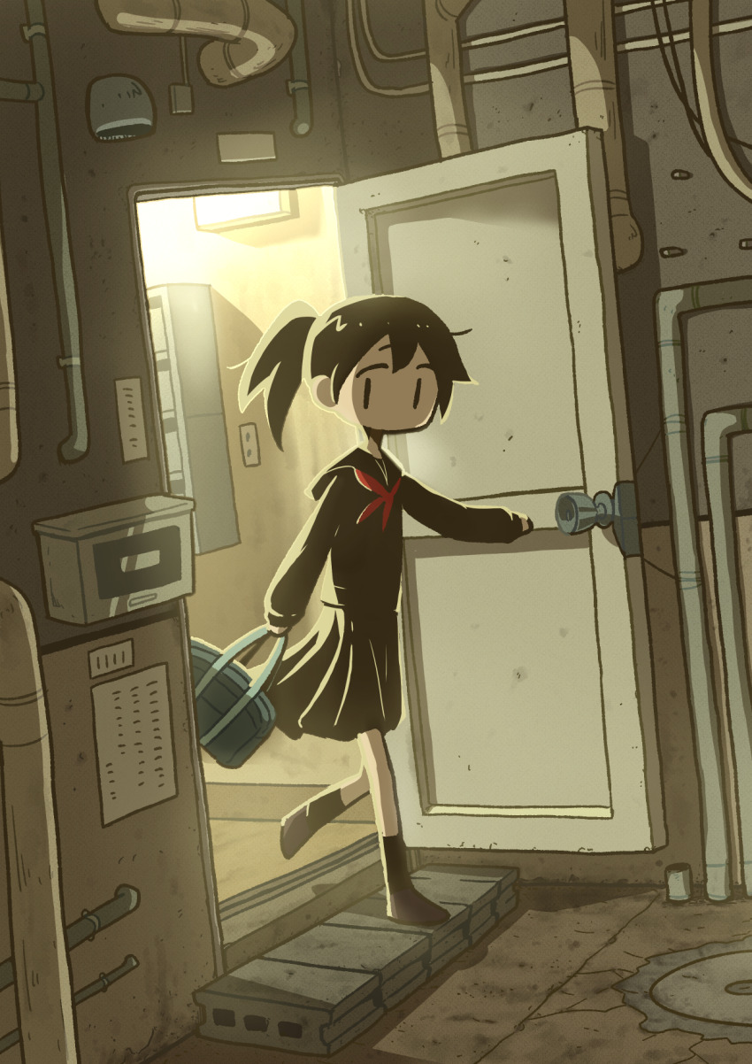 1girl backlighting bag black_hair black_sailor_collar black_serafuku black_shirt black_skirt black_socks blue_bag brown_shoes cinder_block commentary_request door doorknob full_body high_ponytail highres holding holding_bag industrial_pipe long_sleeves looking_to_the_side mailbox_(incoming_mail) manhole_cover medium_hair neckerchief no_mouth no_nose open_door original pleated_skirt ponytail red_neckerchief sailor_collar school_bag school_uniform serafuku shirt shoes sideways_glance skirt socks solo takurada |_|