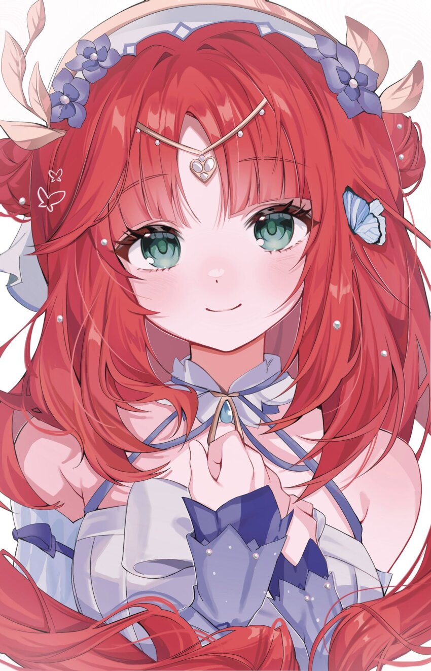 1girl aqua_eyes bare_shoulders blue_butterfly blue_gemstone blush bug butterfly circlet closed_mouth commentary detached_sleeves double_bun flower gem genshin_impact geumxxi hair_bun hair_flower hair_ornament hashtag-only_commentary highres insect long_hair long_sleeves looking_at_viewer nilou_(breeze_of_sabaa)_(genshin_impact) nilou_(genshin_impact) official_alternate_costume own_hands_together parted_bangs purple_flower red_hair sleeveless smile solo upper_body very_long_hair