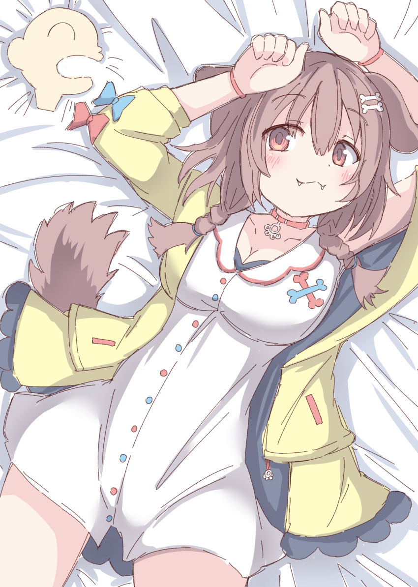 1girl :3 absurdres animal_ears armpits arms_up bed_sheet blue_bow blush bone_hair_ornament bow braid breasts brown_eyes brown_hair cartoon_bone cleavage closed_mouth collar collarbone commentary_request dog_ears dog_girl dog_tail dress fangs fangs_out hair_ornament hair_over_shoulder highres hololive inugami_korone inugami_korone_(1st_costume) jacket listener_(inugami_korone) low_twintails lying medium_breasts off_shoulder on_back open_clothes open_jacket red_bow red_collar sleeveless sleeveless_dress solo_focus tail twin_braids twintails umberblack virtual_youtuber white_dress yellow_jacket