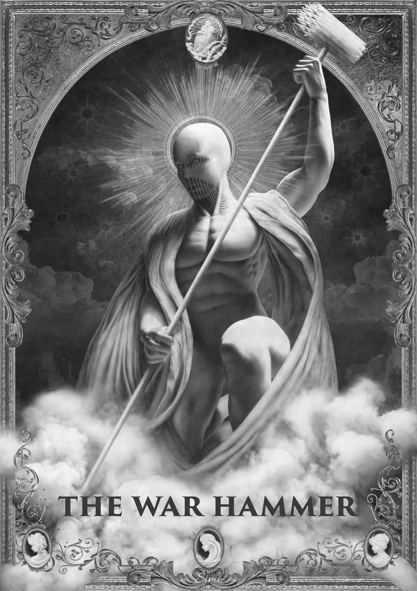 above_clouds abs cloud emblem framed_image halo highres kneeling lara_tybur looking_to_the_side mask monochrome muscular robe shingeki_no_kyojin simi_braun skin_tight spiked_hammer titan_(shingeki_no_kyojin) war_hammer_titan warhammer weapon