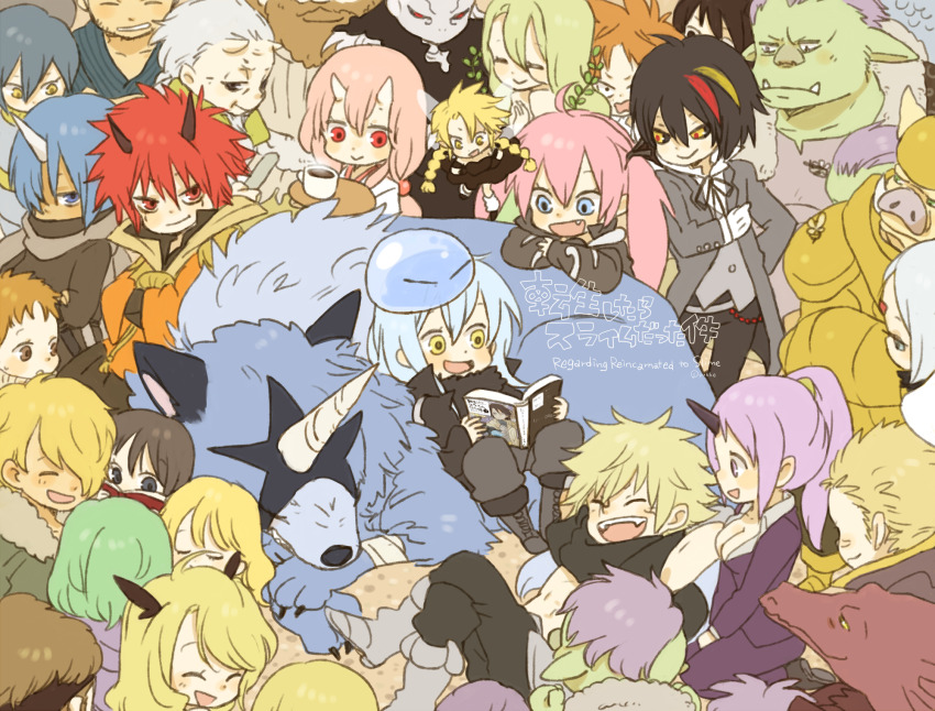 1other 6+boys 6+girls androgynous benimaru_(tensura) black_horns blonde_hair blue_hair book brown_hair closed_eyes diablo_(tensura) everyone goblin gobuta_(tensura) green_hair hair_between_eyes hakurou_(tensura) happy highres horns long_hair milim_nava multiple_boys multiple_girls oni open_mouth orange_hair pink_hair purple_hair ramiris ranga_(tensura) reading red_eyes rigurudo_(tensura) rimuru_tempest rimuru_tempest_(slime) shion_(tensura) short_hair shuna_(tensura) single_horn smile tensei_shitara_slime_datta_ken veldora_(tensura) wolf yellow_eyes yukke